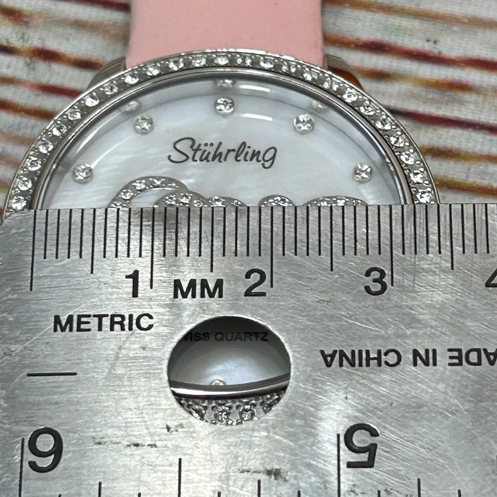 Stuhrling Original Ladies Pink Leather Watch Mother of Pearl Love Heart Dial NIB